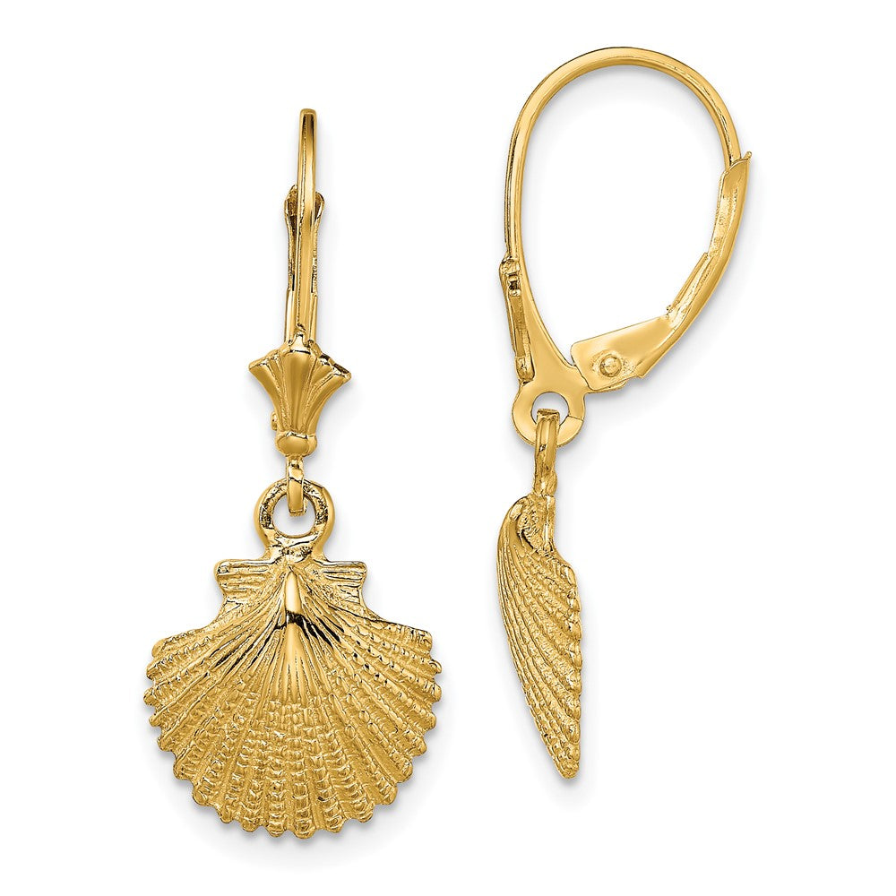 14K Yellow Gold 2D and Textured Scallop Shell Leverback Earrings