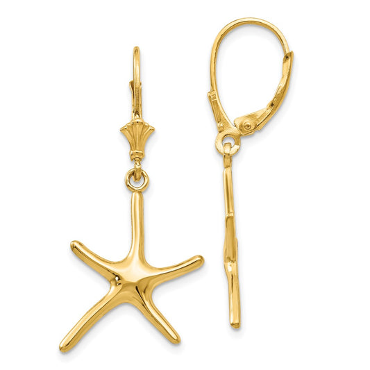 14K Yellow Gold Dancing Starfish Leverback Earrings