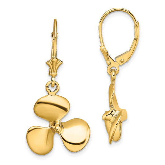 14K Yellow Gold 3D Three Blade Propeller Leverback Earrings