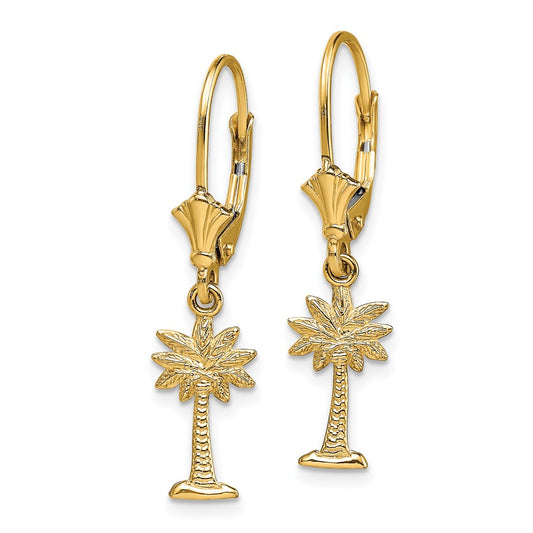 14K Yellow Gold Mini Palmetto Palm Tree Leverback Earrings