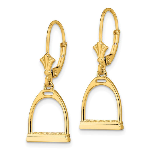 14K Yellow Gold 3D Small Horse Stirrup Leverback Earrings