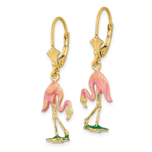 14K Yellow Gold Enamel 3D Flamingo Leverback Earrings
