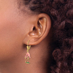 14K Yellow Gold Enamel 3D Flamingo Leverback Earrings