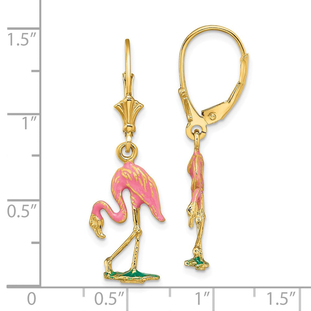 14K Yellow Gold Enamel 3D Flamingo Leverback Earrings