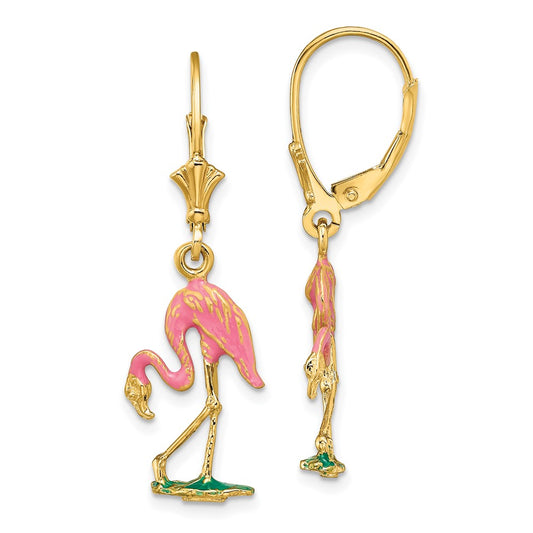 14K Yellow Gold Enamel 3D Flamingo Leverback Earrings