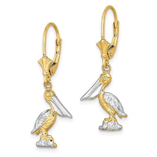 14K Two-Tone Gold 3D Pelican Standing with Leverback Earrings
