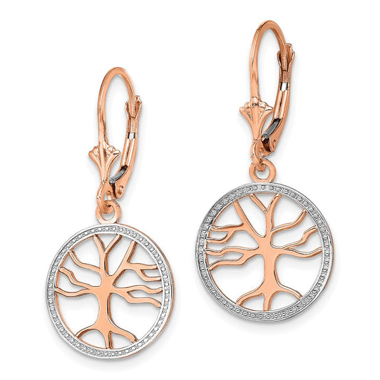 14K Two-Tone Gold Tree of Life Round Frame Leverback Earrings