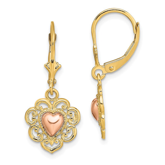 14K Two-Tone Gold Polished Heart Leverback Earrings