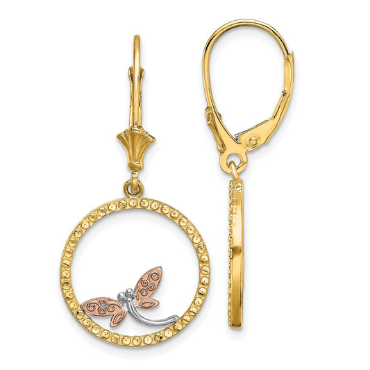 14K Two-Tone Gold Diamond-cut Dragonfly Earrings