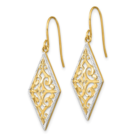 14K Two-Tone Gold Diamond Shape Filigree Dangle Earrings