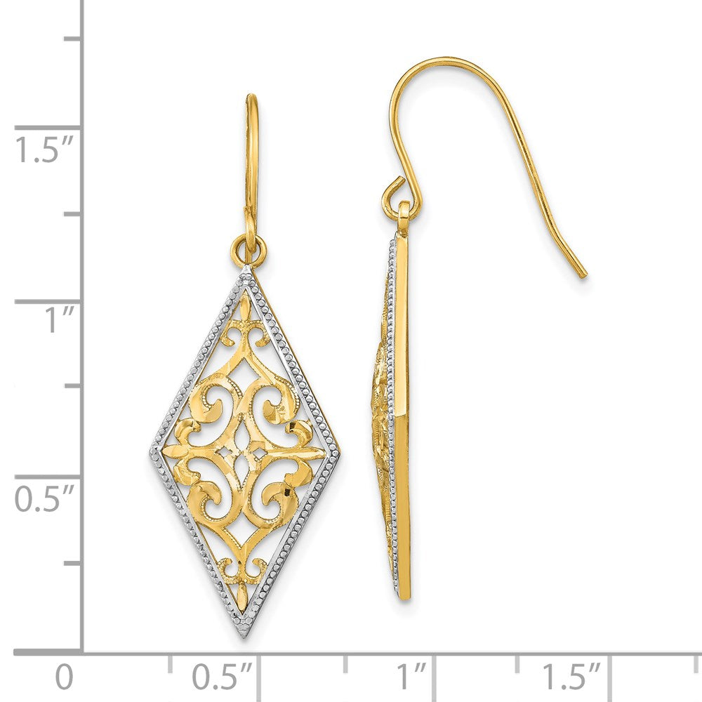 14K Two-Tone Gold Diamond Shape Filigree Dangle Earrings