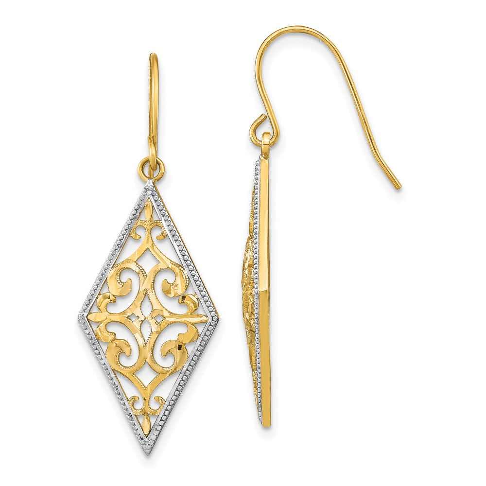 14K Two-Tone Gold Diamond Shape Filigree Dangle Earrings