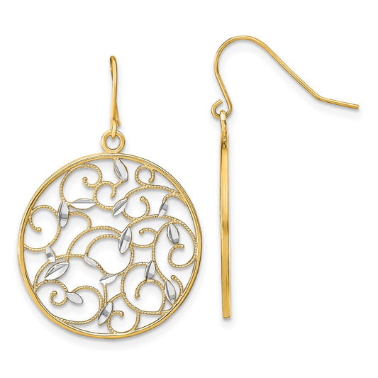 14K Two-Tone Gold Floral Filigree Medallion Wire Earrings