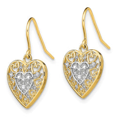 14K Two-Tone Gold Polished Filigree Hearts Shepherd Hook Earrings