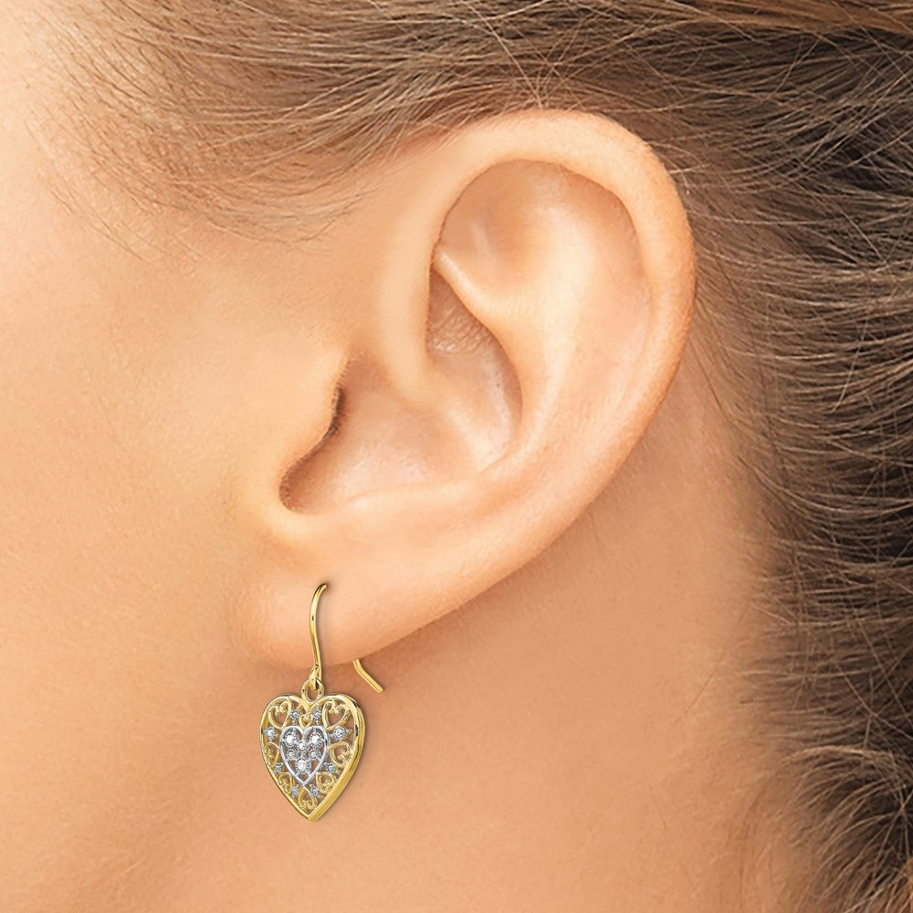 14K Two-Tone Gold Polished Filigree Hearts Shepherd Hook Earrings