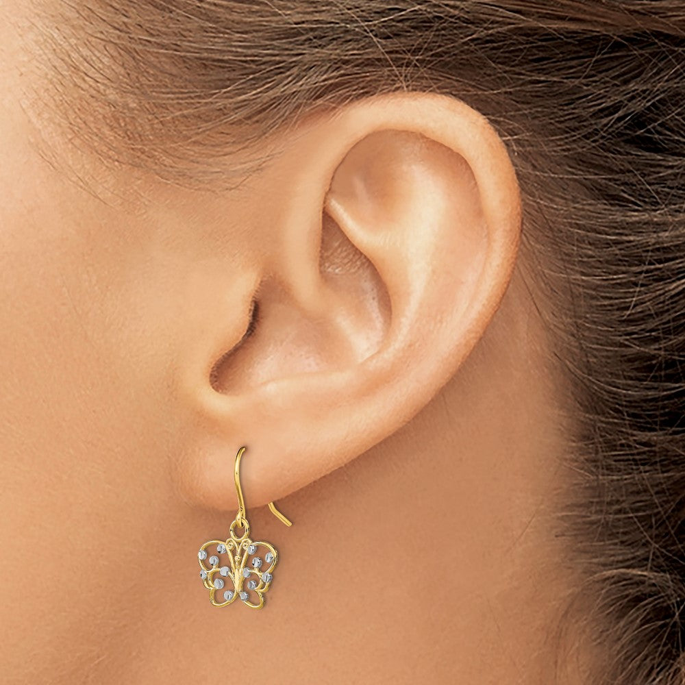 14K Two-Tone Gold Diamond-cut Butterfly Wire Earrings