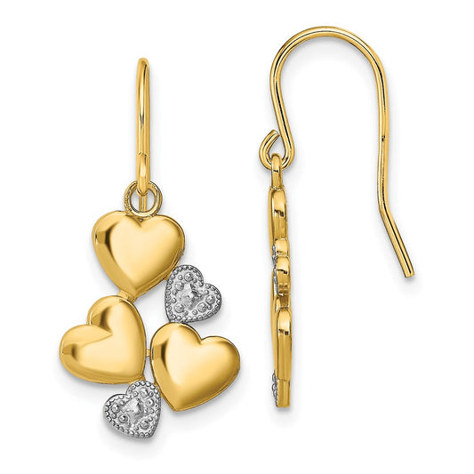 14K Two-Tone Gold Polished Hearts Shepherd Hook Earrings
