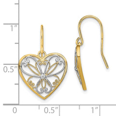 14K Two-Tone Gold Polished Filigree Heart Shepherd Hook Earrings