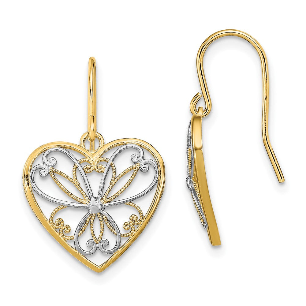 14K Two-Tone Gold Polished Filigree Heart Shepherd Hook Earrings