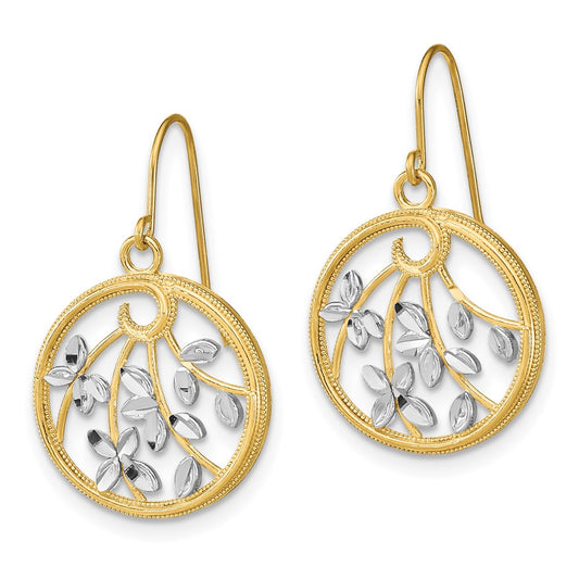 14K Two-Tone Gold Diamond-cut Leaves Round Dangle Earrings