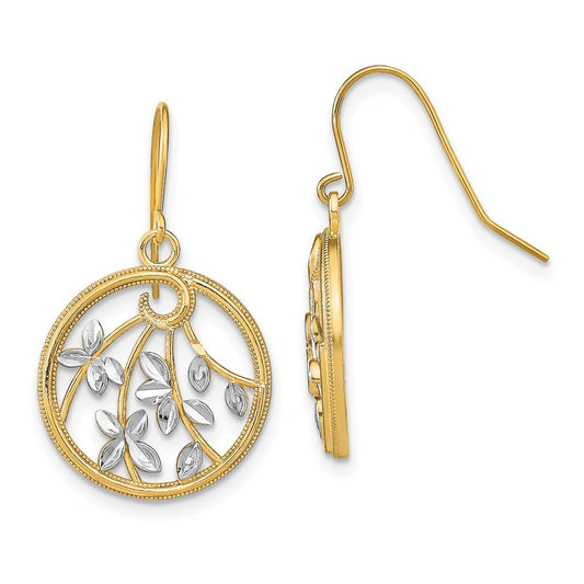 14K Two-Tone Gold Diamond-cut Leaves Round Dangle Earrings
