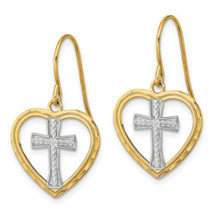 14K Two-Tone Gold Cross In Center Heart Earrings