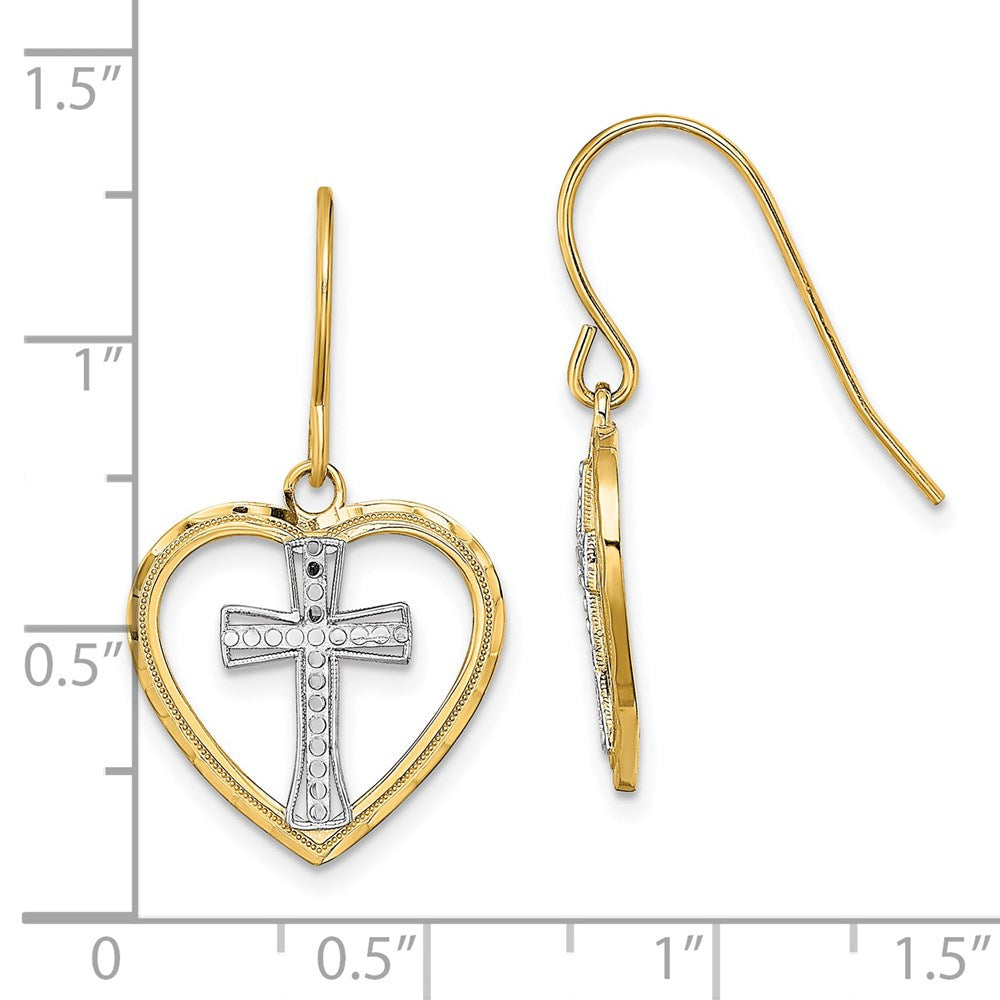 14K Two-Tone Gold Cross In Center Heart Earrings