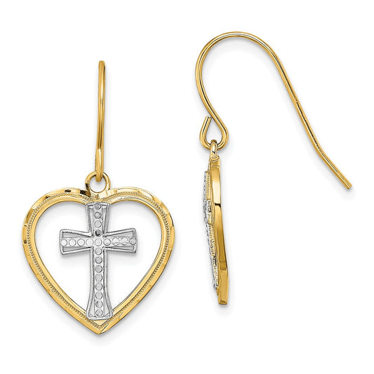 14K Two-Tone Gold Cross In Center Heart Earrings