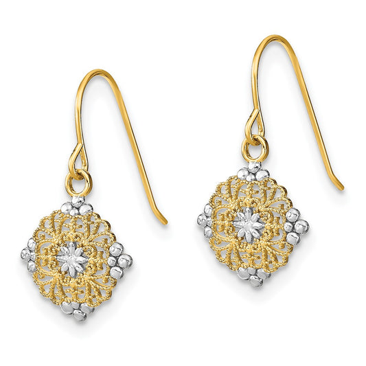 14K Two-Tone Gold Diamond-cut Center Mini Filigree Medallion Earrings