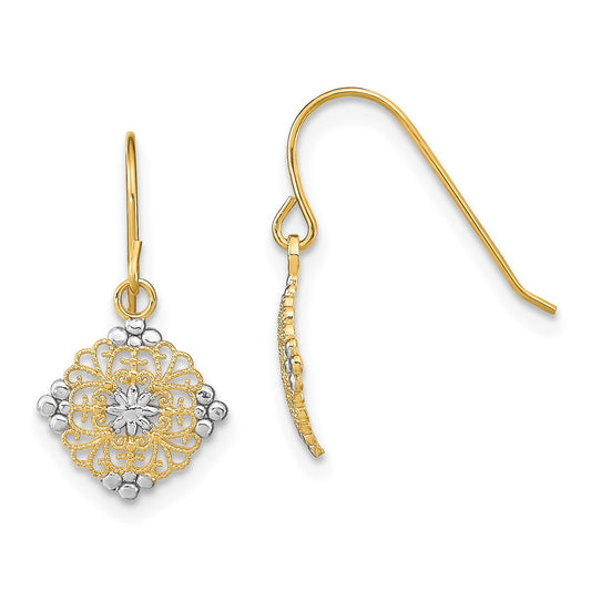 14K Two-Tone Gold Diamond-cut Center Mini Filigree Medallion Earrings