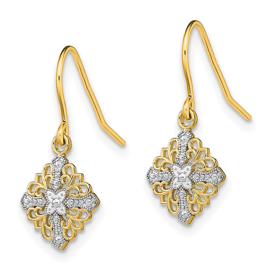 14K Two-Tone Gold Fancy Filigree Dangle Wire Earrings