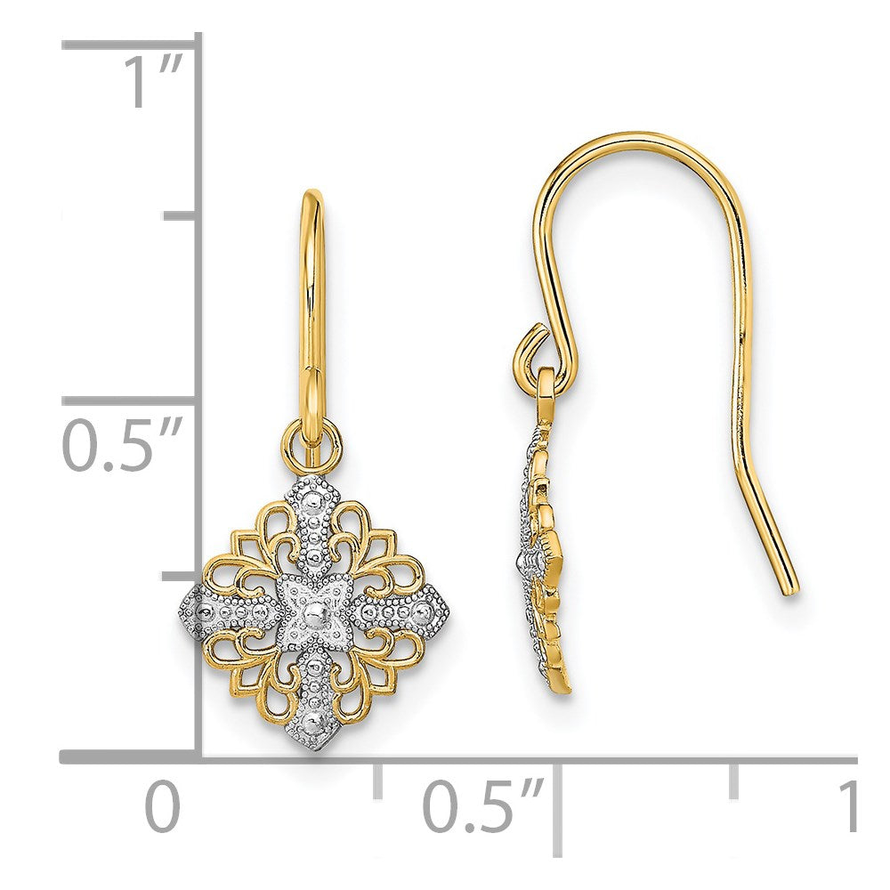 14K Two-Tone Gold Fancy Filigree Dangle Wire Earrings