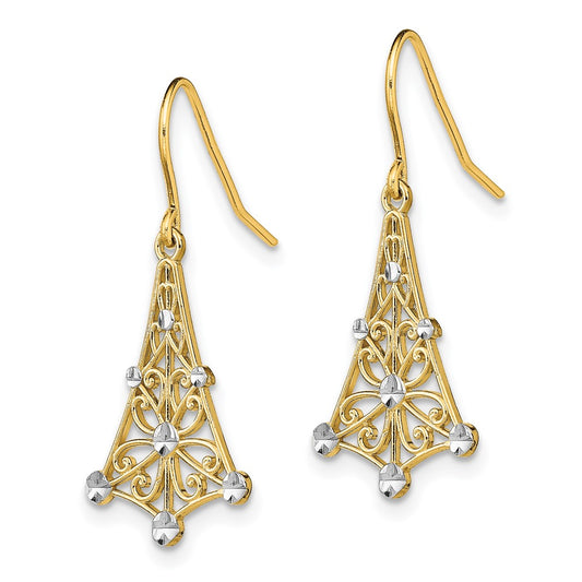 14K Two-Tone Gold Fancy Diamond-cut Dangle Wire Earrings