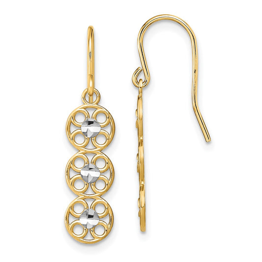 14K Two-Tone Gold Fancy Diamond-cut Dangle Wire Earrings