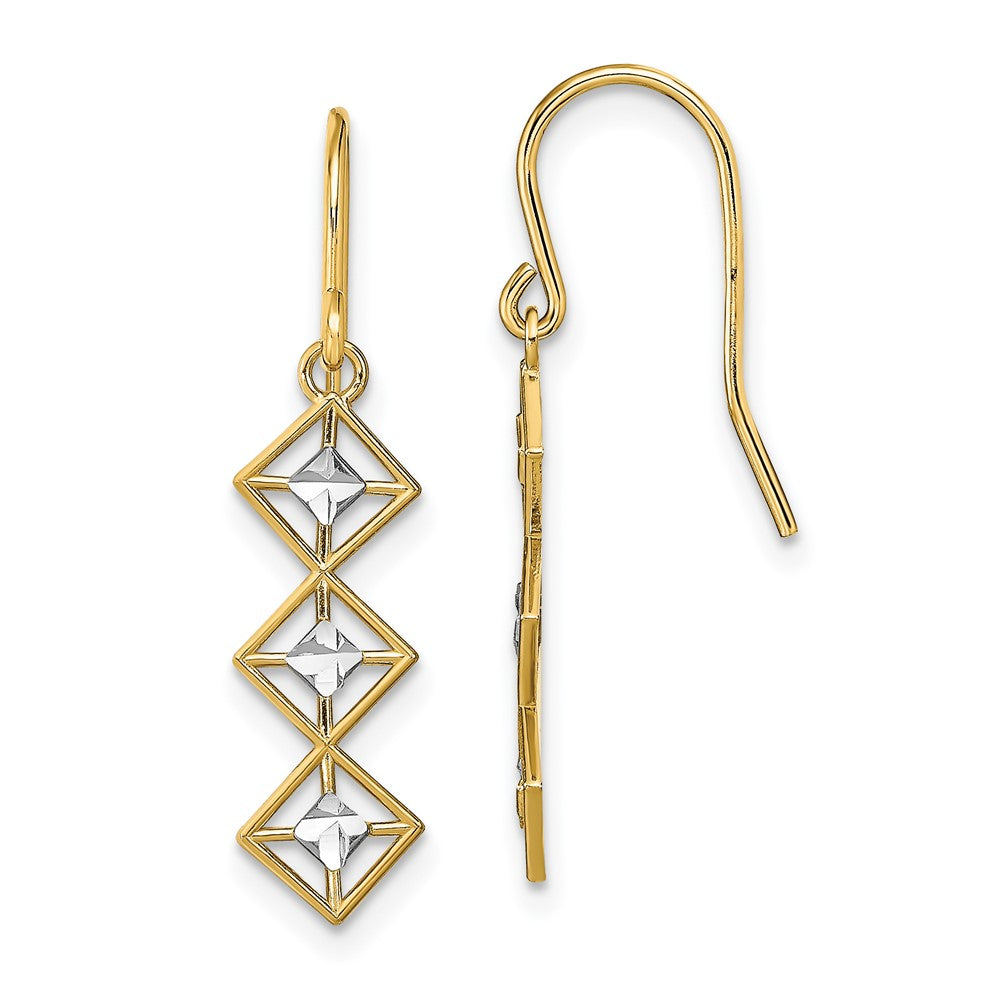 14K Two-Tone Gold Fancy Diamond-cut Dangle Wire Earrings