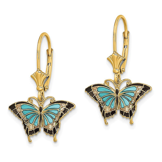 14K Yellow Gold Aquamarine Enameled Wings Butterfly Leverback Earrings