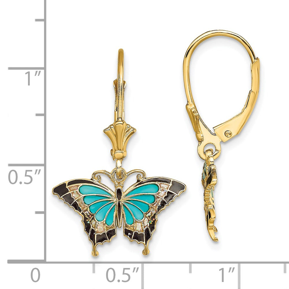 14K Yellow Gold Aquamarine Enameled Wings Butterfly Leverback Earrings