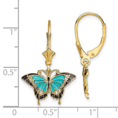 14K Yellow Gold Aquamarine Enameled Wings Butterfly Leverback Earrings