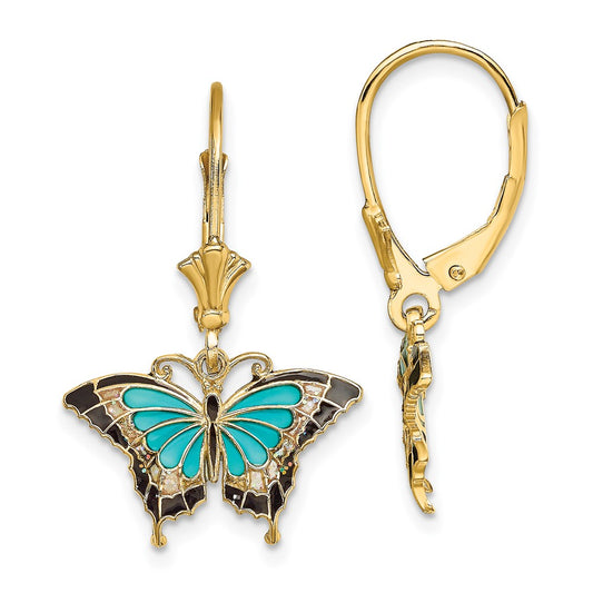 14K Yellow Gold Aquamarine Enameled Wings Butterfly Leverback Earrings