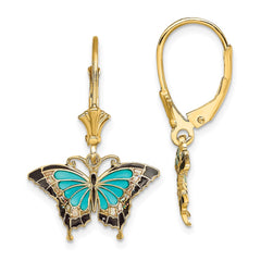 14K Yellow Gold Aquamarine Enameled Wings Butterfly Leverback Earrings