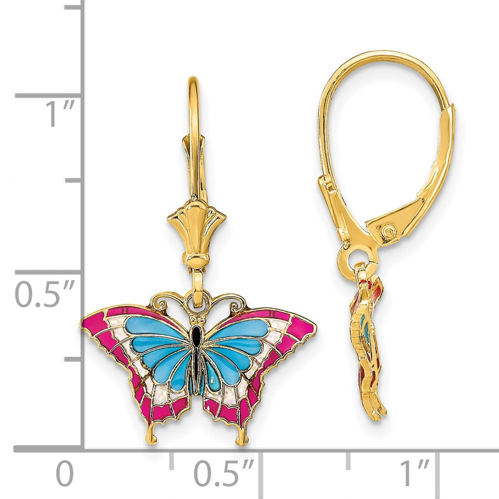 14K Yellow Gold Blue and Red Enameled Wings Butterfly Leverback Earrings