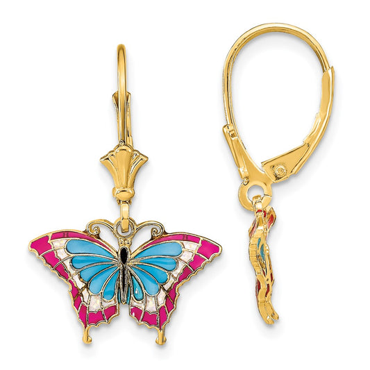 14K Yellow Gold Blue and Red Enameled Wings Butterfly Leverback Earrings