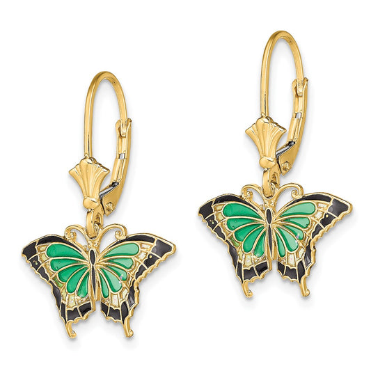 14K Yellow Gold Butterfly with Green Enameled Wings Leverback Earrings
