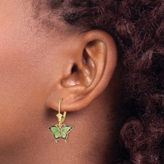 14K Yellow Gold Butterfly with Green Enameled Wings Leverback Earrings