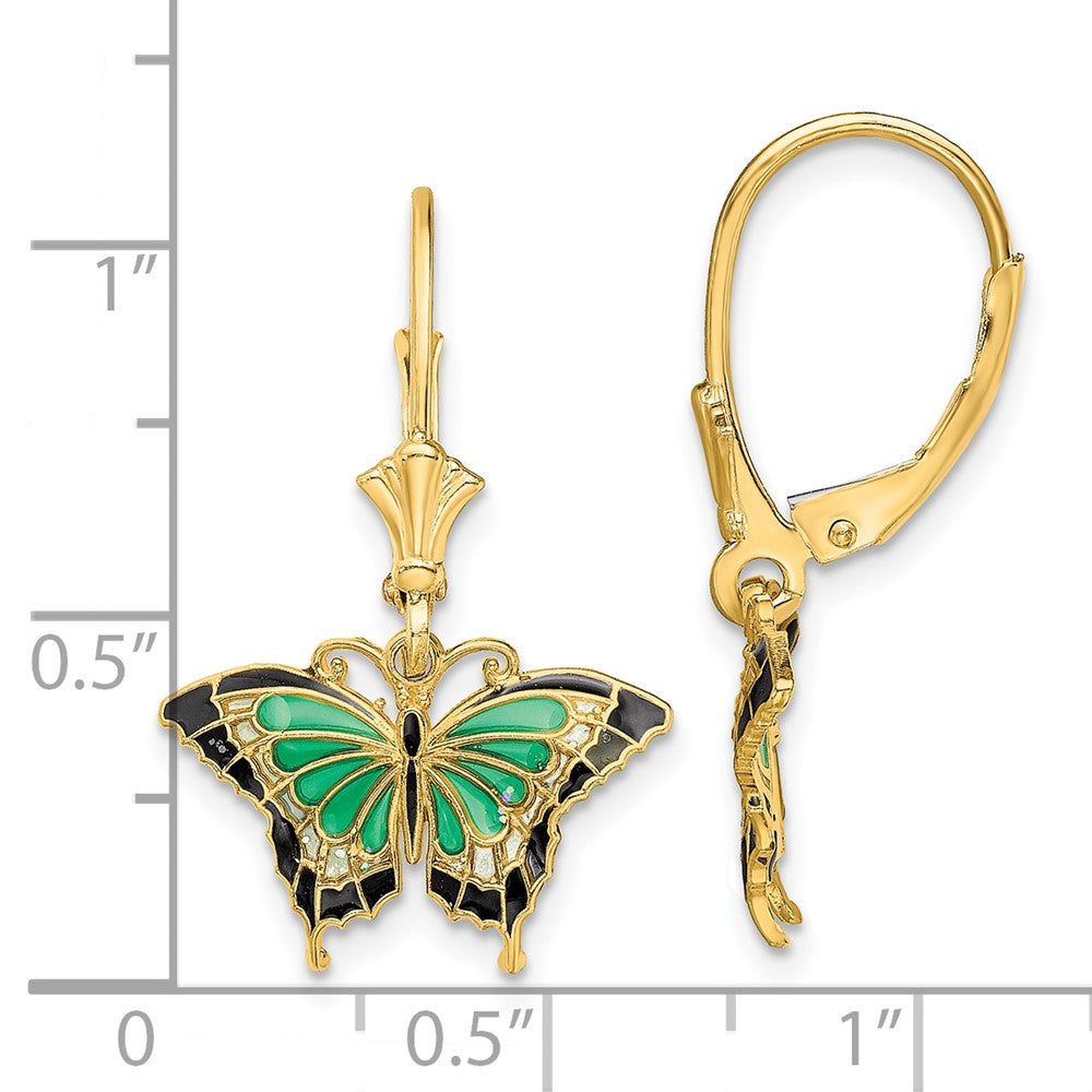 14K Yellow Gold Butterfly with Green Enameled Wings Leverback Earrings