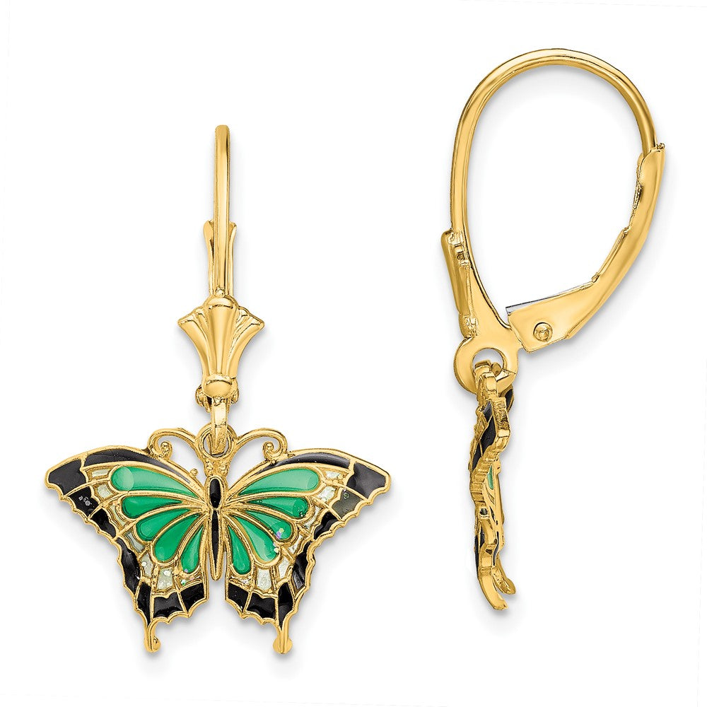 14K Yellow Gold Butterfly with Green Enameled Wings Leverback Earrings