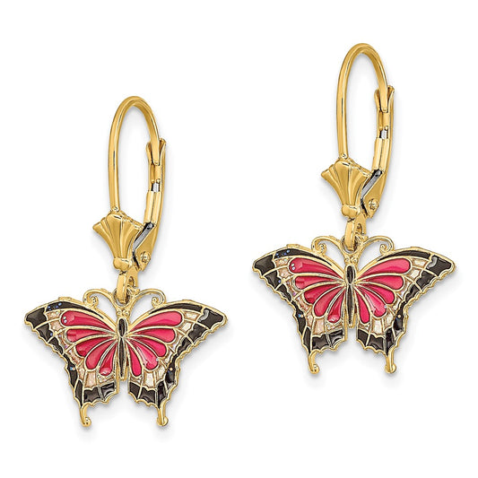14K Yellow Gold Pink Enameled Butterfly Leverback Earrings