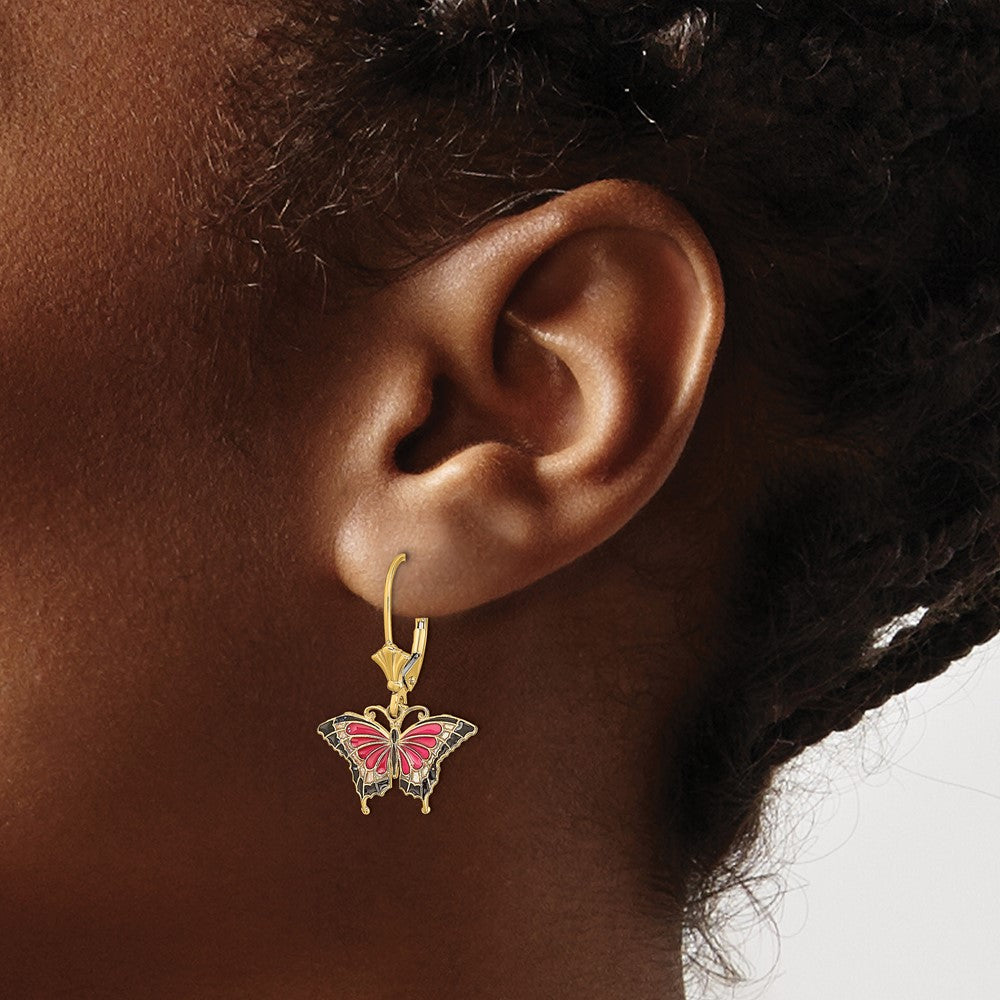 14K Yellow Gold Pink Enameled Butterfly Leverback Earrings