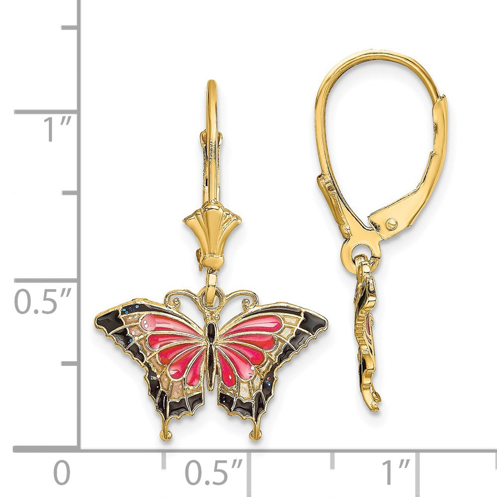 14K Yellow Gold Pink Enameled Butterfly Leverback Earrings