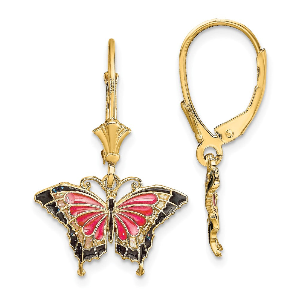 14K Yellow Gold Pink Enameled Butterfly Leverback Earrings